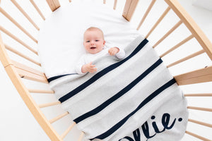 
                  
                    Load image into Gallery viewer, Stripe Navy Personalized Name Blanket
                  
                