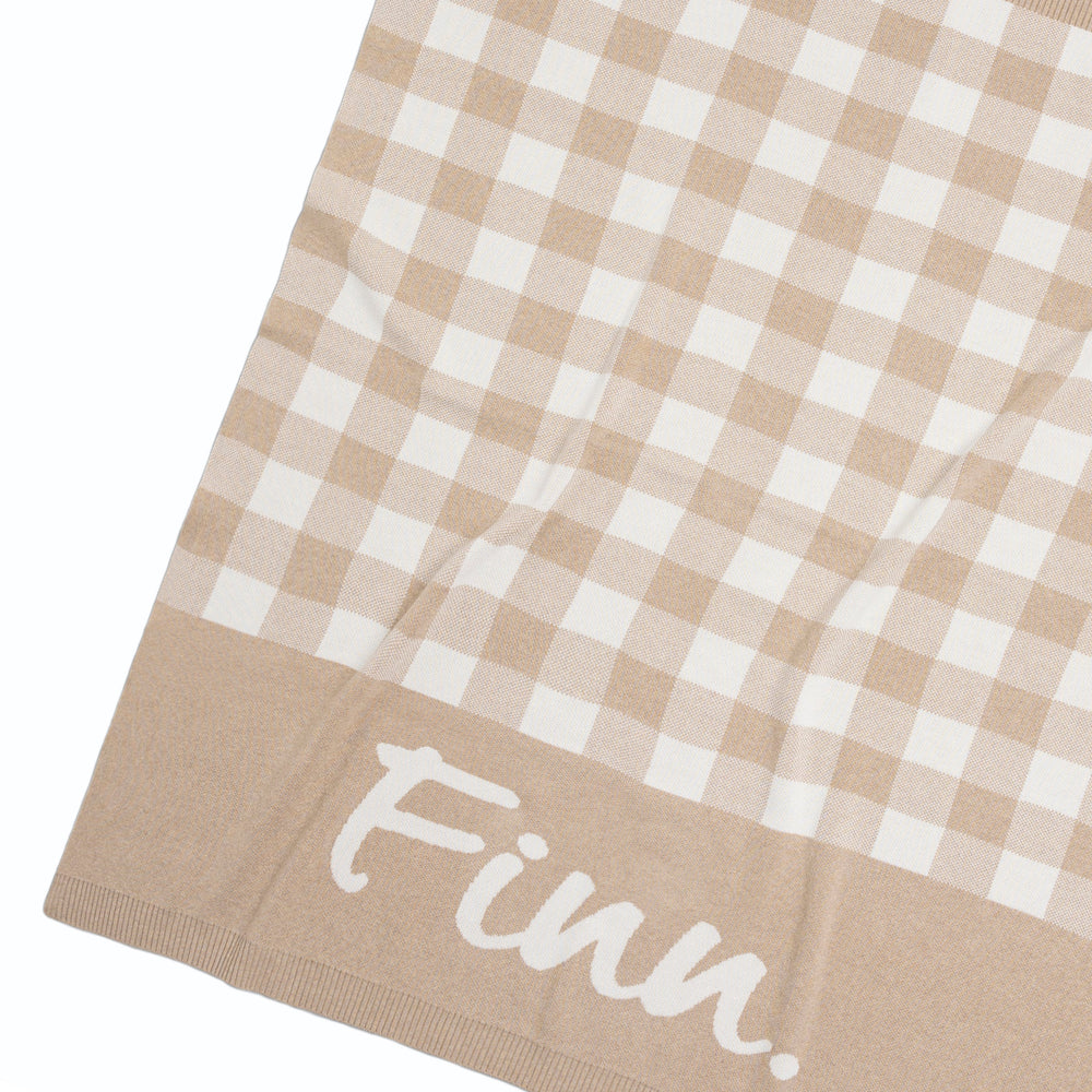 Gingham Check Light Camel & Ivory Personalized Name Blanket
